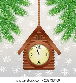 clock as a house and green branches of Christmas tree,vector illustration