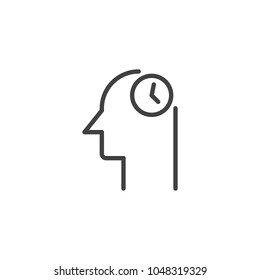 Clock in human head outline icon. linear style sign for mobile concept and web design. Time head simple line vector icon. Symbol, logo illustration. Pixel perfect vector graphics