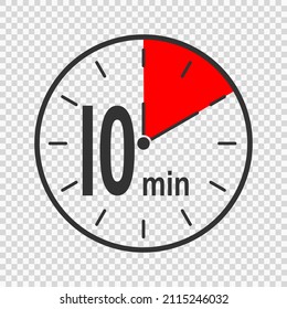 Clock Icon With 10 Minute Time Interval. Countdown Timer Or Stopwatch Symbol. Infographic Element For Cooking Or Sport Game Isolated On Transparent Background. Vector Flat Illustration.