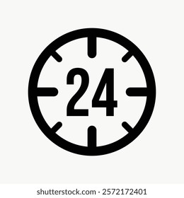 Clock icon with 24-hour format. Simple 24-hour clock design. Black and white 24-hour clock symbol for time representation. Simple icon vector element. Simple UI icon symbol.