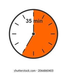 Clock icon with 35 minute time interval. Countdown timer or stopwatch symbol isolated on white background. Infographic element for cooking or sport game. Vector flat illustration.