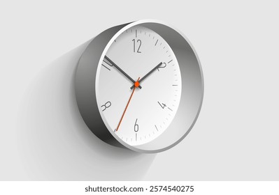 Clock icon in 3d flat style. With a red arrow and numbers. Time on white background. Business watch. Vector design element for you project