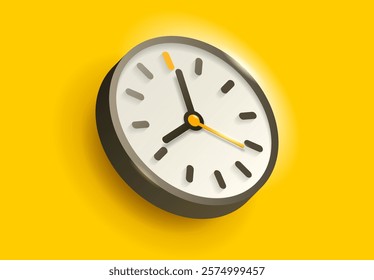 Clock icon in 3d flat style, with glow. Time on yellow background. Business watch. Vector design element for you project