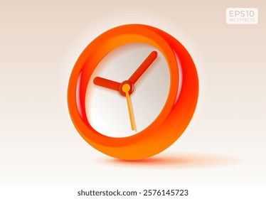 Clock icon in 3d vector style, with glow effect. Orange time on light background. Color watch. Vector design element for you modern project