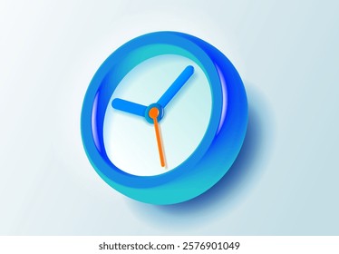 Clock icon in 3d vector style, with glass glow effect. Blue time on light background. Color watch. Vector design element for you modern project