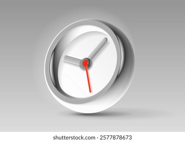 Clock icon in 3d vector style, with glass glow effect and red arrow. Gray time on light background. Color watch. Design element for you modern project