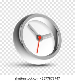 Clock icon in 3d vector style, with glass glow effect and red arrow. Gray time on tranparent background. Color watch. Vector design element for you modern project