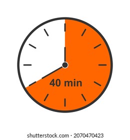 Icono de reloj con intervalo de tiempo de 40 minutos. Temporizador de cuenta atrás o símbolo de cronómetro. Elementos infográficos para la cocina o la caza deportiva aislados en fondo blanco. Ilustración plana vectorial.