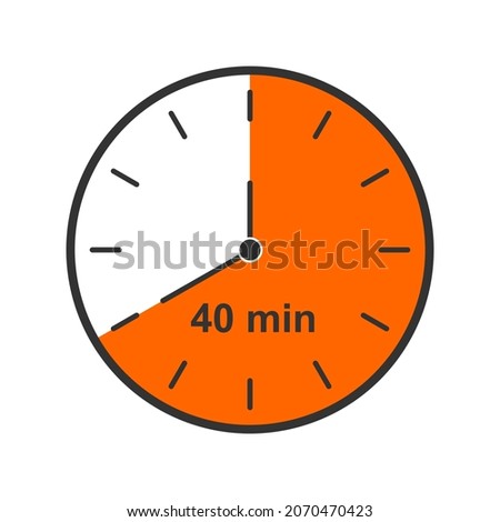 Clock icon with 40 minutes time interval. Countdown timer or stopwatch symbol. Infographic element for cooking or sport game isolated on white background. Vector flat illustration.