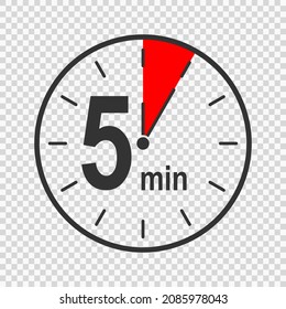 Clock icon with 5 minute time interval. Countdown timer or stopwatch symbol. Infographic element for cooking or sport game isolated on transparent background. Vector flat illustration.