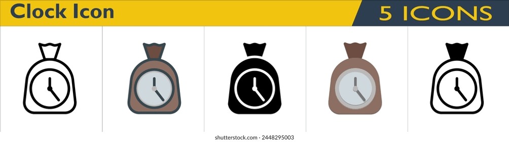 Clock icon with 5 styles (outline, color lineal, solid, color and mixed)