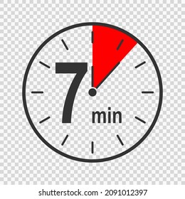 Clock icon with 7 minute time interval. Countdown timer or stopwatch symbol. Infographic element for cooking or sport game isolated on transparent background. Vector flat illustration