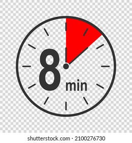 Clock icon with 8 minute time interval. Countdown timer or stopwatch symbol. Infographic element for cooking or sport game isolated on transparent background. Vector flat illustration.