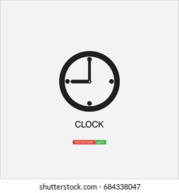 Clock icon. 9 O'clock vector illustration on light gray background.