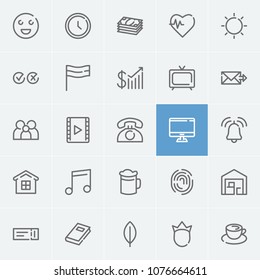 Clock icon with alarm bell, flag and cup symbols. Set of checkbox, hour, sun icons and heart pulse concept. Editable vector elements for logo app UI design.