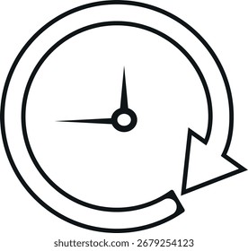 Ícone de relógio com uma seta que envolve a face do relógio, estilo minimalista preto e branco