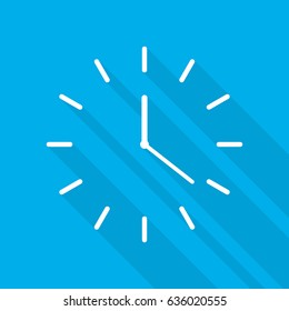 Clock icon with arrows in flat design. Vector illustration. White clock icon with long shadow on blue background.