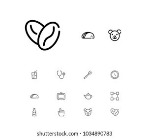 Clock icon with beer bottle, fork and stethoscope editable symbols. Set of stethoscope, tea, beer bottle icons and teapot concept. Editable vector elements for logo app UI design.