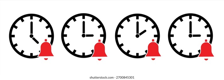 Icono de reloj con campanas en un contorno circular. Símbolo de recordatorio de tiempo y aviso de advertencia, Ilustración vectorial