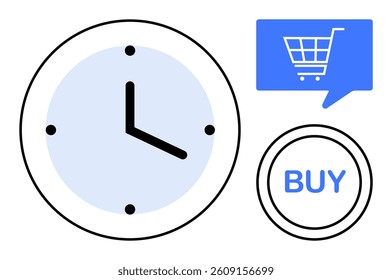 Clock icon with black hands on blue background, blue speech bubble with shopping cart, and BUY button. Ideal for e-commerce, online shopping, urgency marketing, sales promotion, business timing