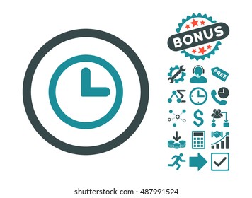 Clock icon with bonus clip art. Vector illustration style is flat iconic bicolor symbols, soft blue colors, white background.
