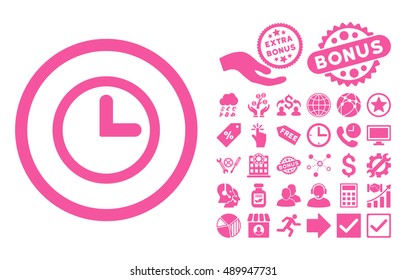 Clock icon with bonus images. Vector illustration style is flat iconic symbols, pink color, white background.
