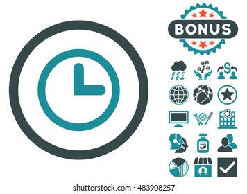 Clock icon with bonus pictogram. Vector illustration style is flat iconic bicolor symbols, soft blue colors, white background.