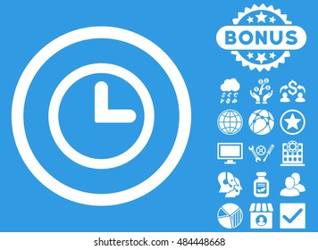 Clock icon with bonus pictogram. Vector illustration style is flat iconic symbols, white color, blue background.