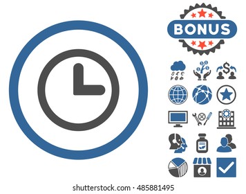 Clock icon with bonus pictogram. Vector illustration style is flat iconic bicolor symbols, cobalt and gray colors, white background.