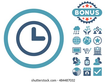 Clock icon with bonus pictures. Vector illustration style is flat iconic bicolor symbols, cyan and blue colors, white background.