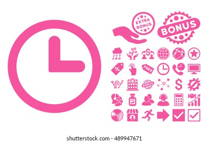 Clock icon with bonus symbols. Vector illustration style is flat iconic symbols, pink color, white background.