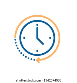 Clock icon with circular motion shape with arrow indicating passage of time. Vector illustration for concepts of time, progress, deadline, express delivery, time limit, urgency