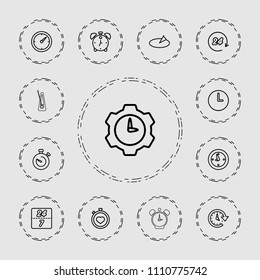 Clock icon. collection of 13 clock outline icons such as stopwatch, time, sundial, 24 hours, 24 7 hour, alarm. editable clock icons for web and mobile.