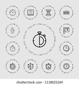 Clock icon. collection of 13 clock outline icons such as alarm, stopwatch, sundial, hourglass. editable clock icons for web and mobile.