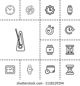 Clock icon. collection of 13 clock outline icons such as stopwatch, time, wrist watch, hourglass, metronome. editable clock icons for web and mobile.