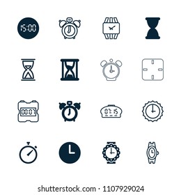 Clock icon. collection of 16 clock filled and outline icons such as wrist watch for woman, hourglass, wrist watch, sundial. editable clock icons for web and mobile.