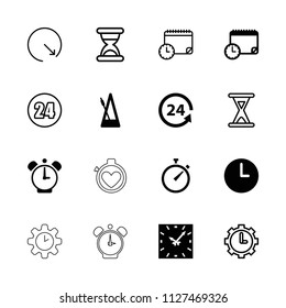 Clock icon. collection of 16 clock filled and outline icons such as 24 support, metronome, hourglass, 24 hours. editable clock icons for web and mobile.