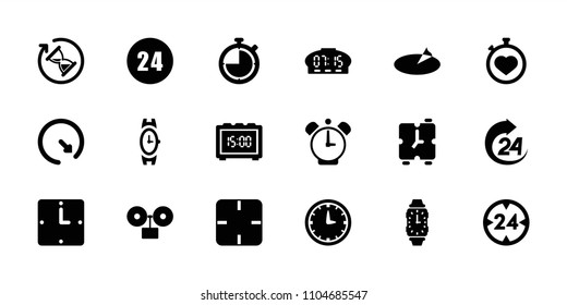 Clock icon. collection of 18 clock filled icons such as wrist watch, stopwatch, sundial, 24 hours, 24 hour, hourglass. editable clock icons for web and mobile.