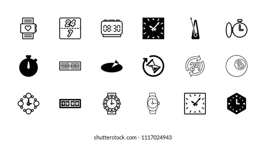 Clock icon. collection of 18 clock filled and outline icons such as sundial, hourglass, stopwatch, heart rate watch. editable clock icons for web and mobile.