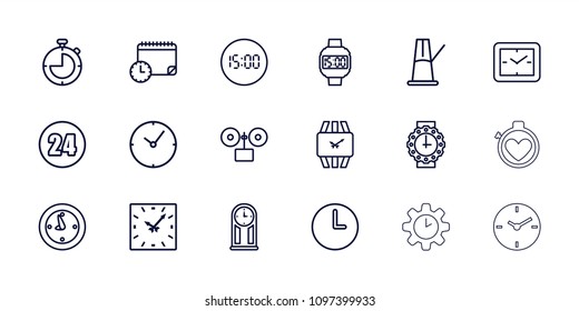 Clock icon. collection of 18 clock outline icons such as wrist watch for woman, wrist watch, wrist dial watch, 24 hours, pendulum. editable clock icons for web and mobile.