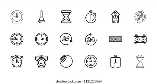 Clock icon. collection of 18 clock outline icons such as 24 hours, bell, hourglass, alarm, stopwatch. editable clock icons for web and mobile.