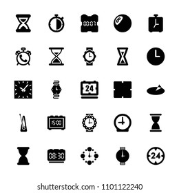 Clock icon. collection of 25 clock filled icons such as alarm, hourglass, wrist watch for woman, wrist watch, sundial, 24 hour. editable clock icons for web and mobile.