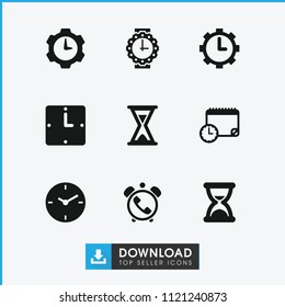 Clock icon. collection of 9 clock filled icons such as hourglass, wrist watch for woman. editable clock icons for web and mobile.