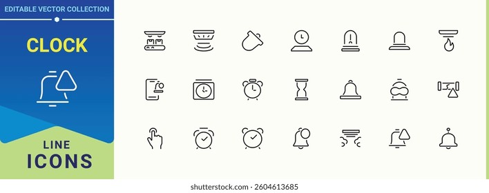Clock icon collection. Contains outline symbols like lock, notification, alert and more. Alarm icon set. Editable stroke. Vector collection.
