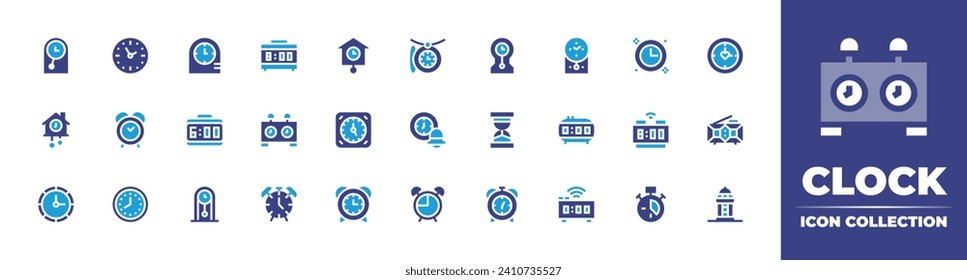 Clock icon collection. Duotone color. Vector and transparent illustration. Containing clock, alarm, wall, clocks, sand timer, smart, chess, digital clock, clock tower.