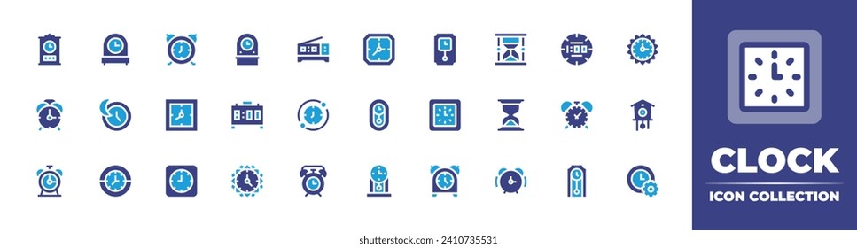 Clock icon collection. Duotone color. Vector and transparent illustration. Containing table clock, digital clock, sand, sleeping, time, hourglass, clock, alarm, cuckoo, wall.