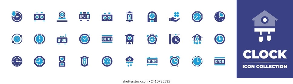 Sammlung von Uhrensymbolen. Duotonfarbe. Vektorgrafik und transparente Illustration. Mit Ausfallzeit, digitaler Wecker, Uhr, Minuten, Wand, Wecker, Digital, Schach, Schreibtischuhr.