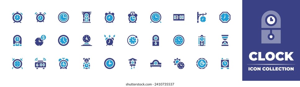 Clock icon collection. Duotone color. Vector and transparent illustration. Containing alarm, alarm, digital, save money, wall clock, clock, daytime, cuckoo, table clock, sand.