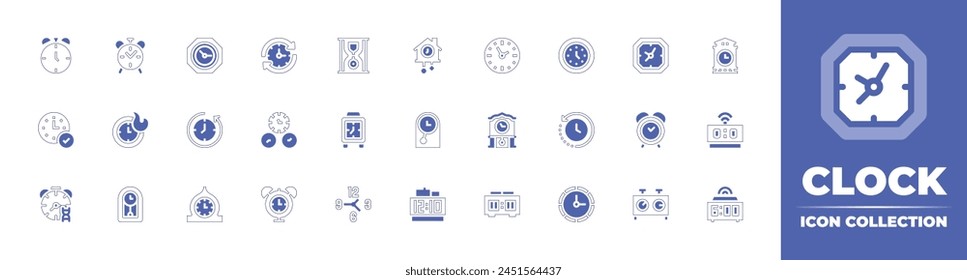Icono de reloj colección. Trazo de línea de estilo duotono y negrita. Ilustración vectorial. Conteniendo retroceso en el tiempo, tiempo, reloj, campana de la escuela, reloj despertador, tiempo, reloj del abuelo, adn, reloj de arena.