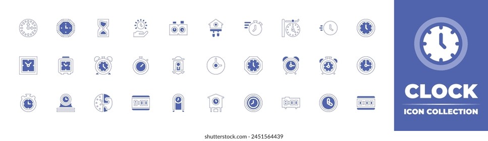 Clock icon collection. Duotone style line stroke and bold. Vector illustration. Containing stopwatch, stop watch, wall clock, fast, time, clock, alarm, alarm, chess clock, clocks.